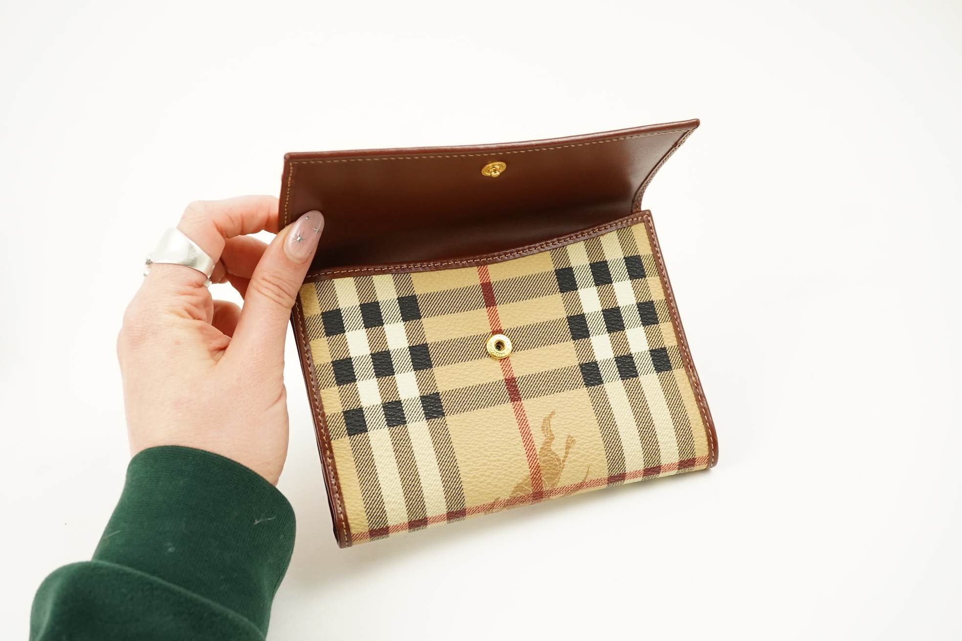 A Burberry brown tartan scarf, sunglasses with case and wallet with original box.